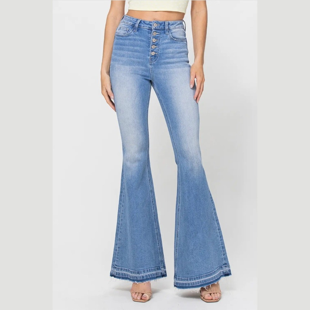 Vervet Womens Size 26 Flare Jeans High Rise Button Fly Raw Hem Light Wash Boho